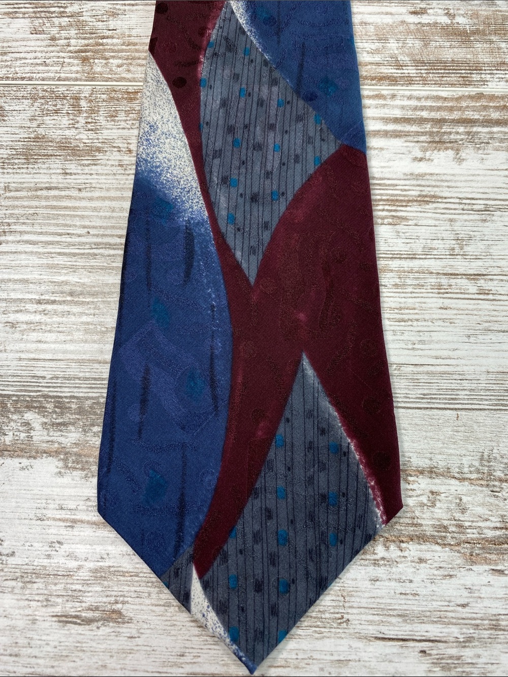 Vintage 90s Courreges Homme Tie Abstract Geometric Burgundy Blue Gray Silk Wide